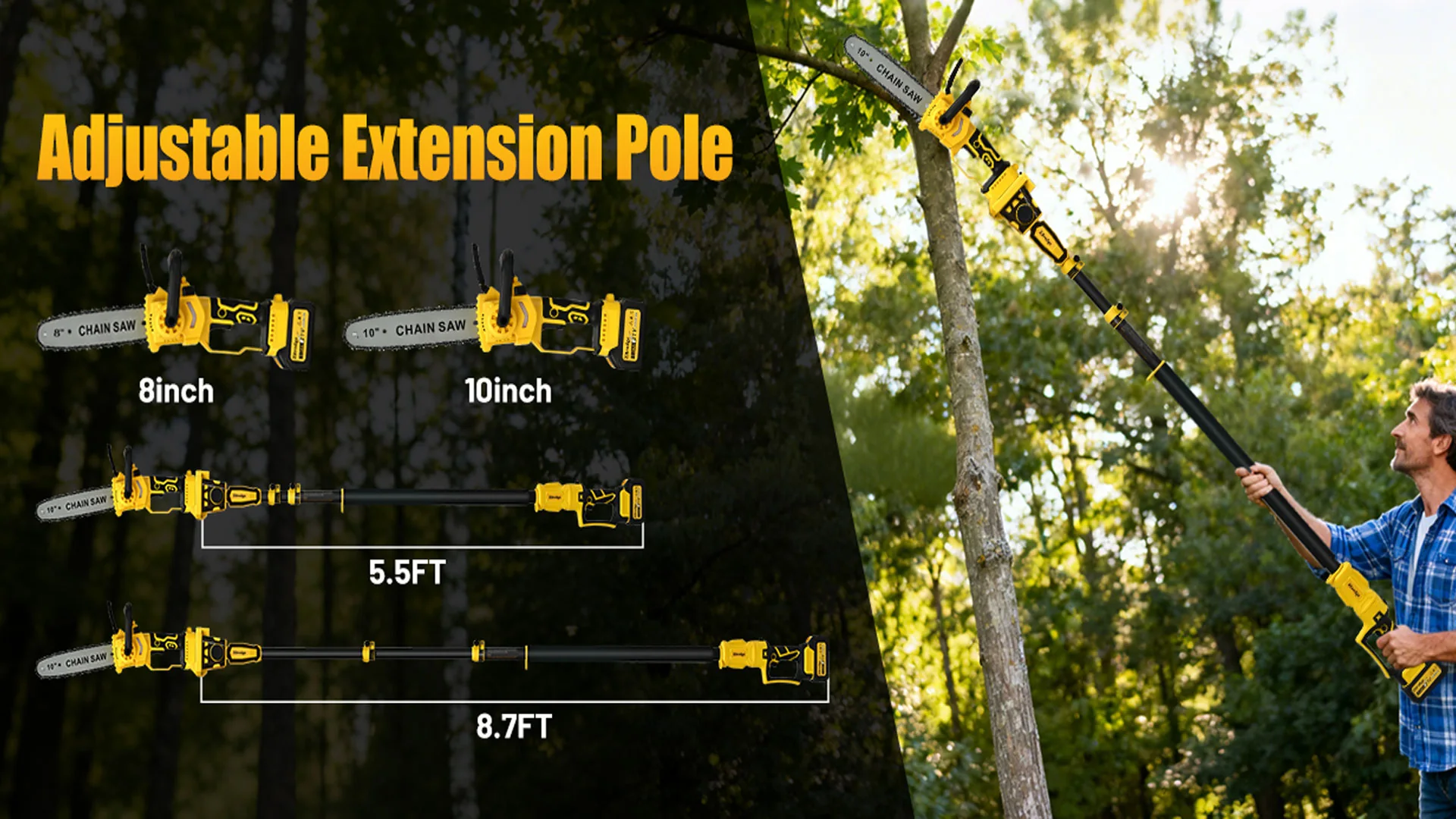Cordless pole saw and telescopic pruning tool range