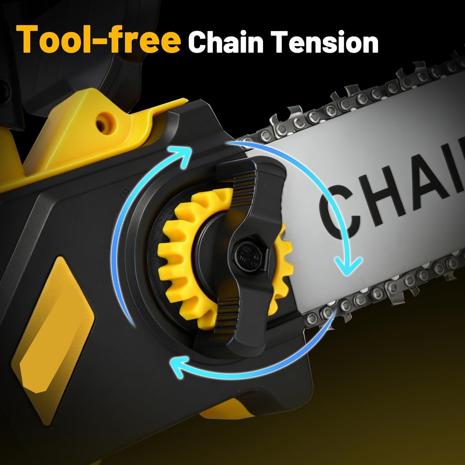 Tool-free chain tension adjustment detail on saw attachment