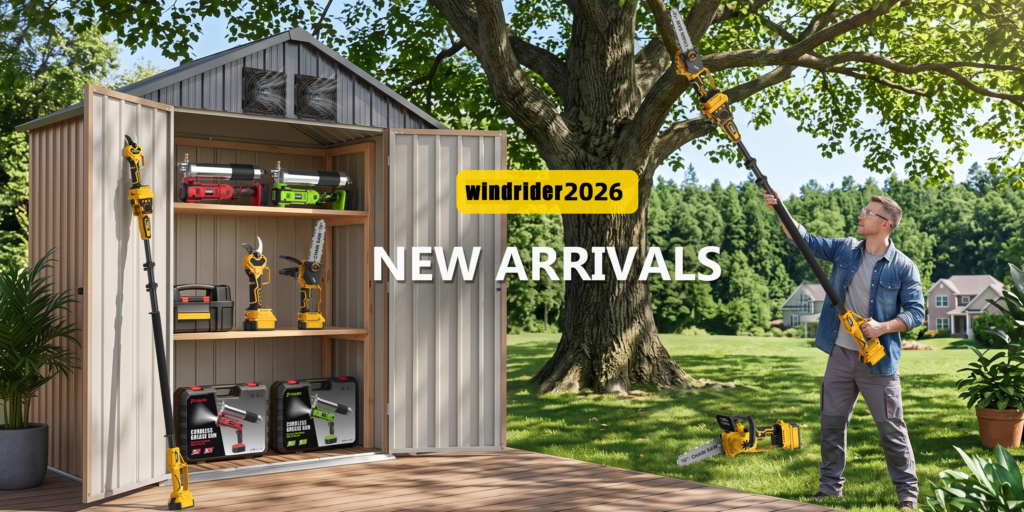 Windrider 21V cordless garden tools including electric pole saw, hedge trimmer and chainsaw for yard tree trimming